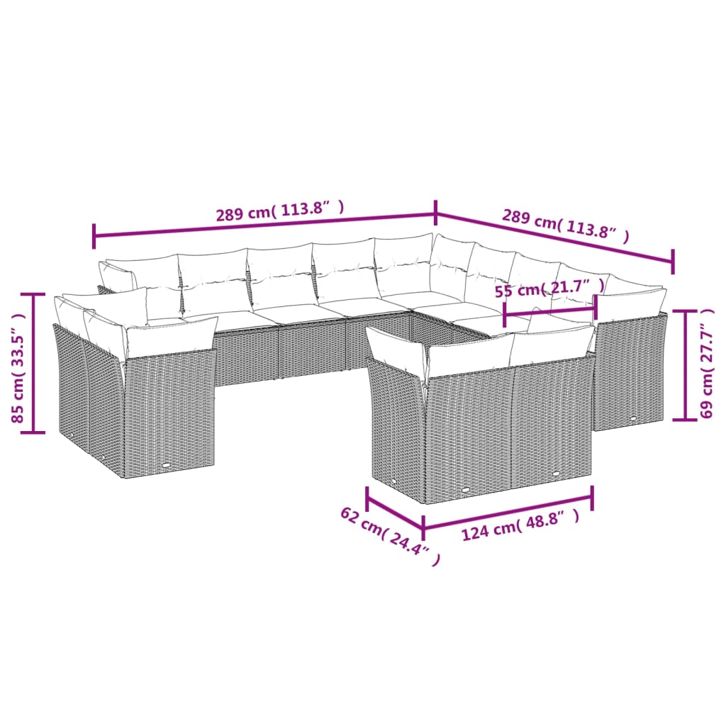 vidaXL 13 pcs conjunto de sofás de jardim com almofadões vime PE preto