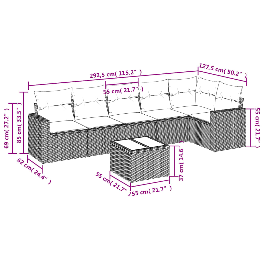 vidaXL 7 pcs conjunto de sofás p/ jardim com almofadões vime PE bege