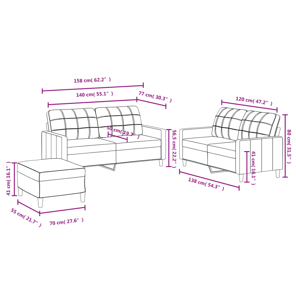 vidaXL 3 pcs conjunto de sofás com almofadões tecido preto