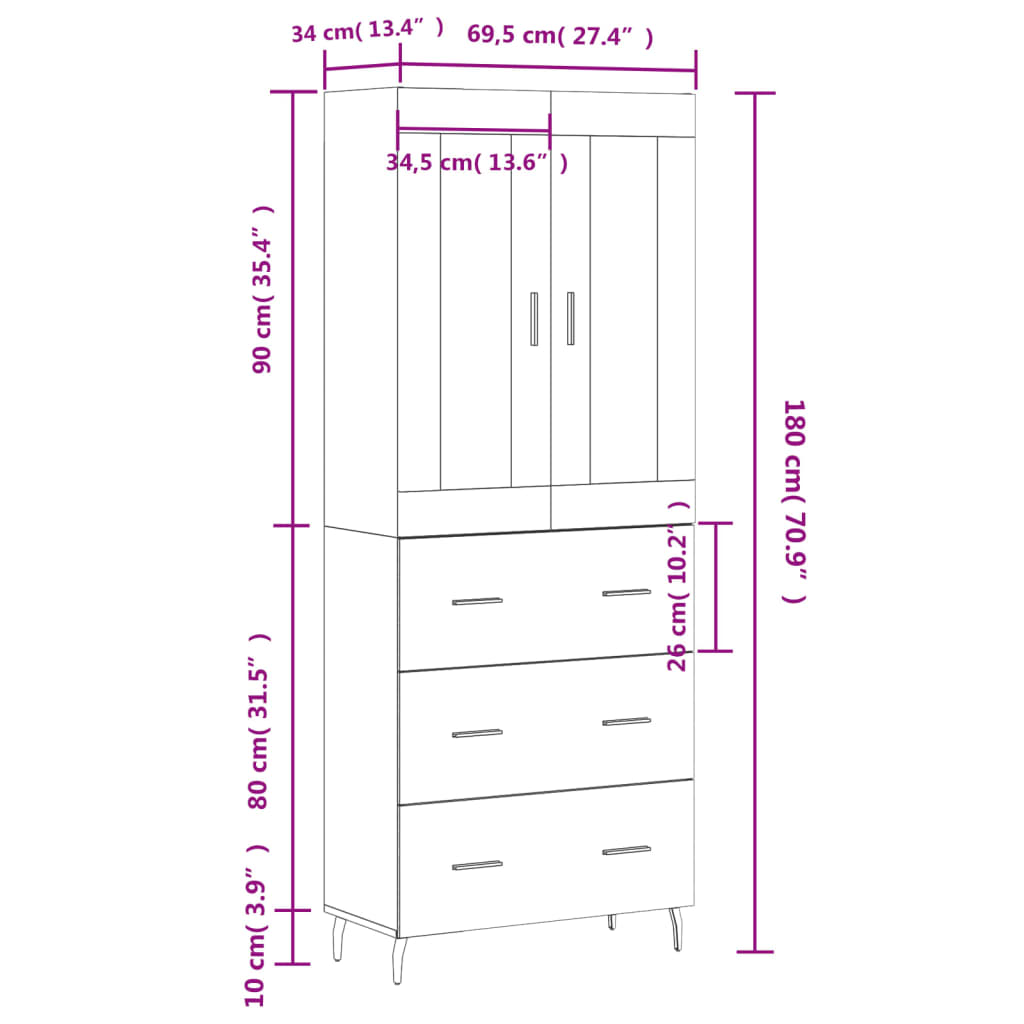 vidaXL Armário alto 69,5x34x180 cm derivados de madeira cinza cimento