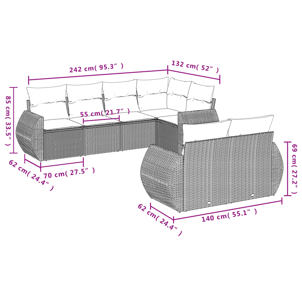 vidaXL 7 pcs conjunto de sofás p/ jardim c/ almofadões vime PE preto