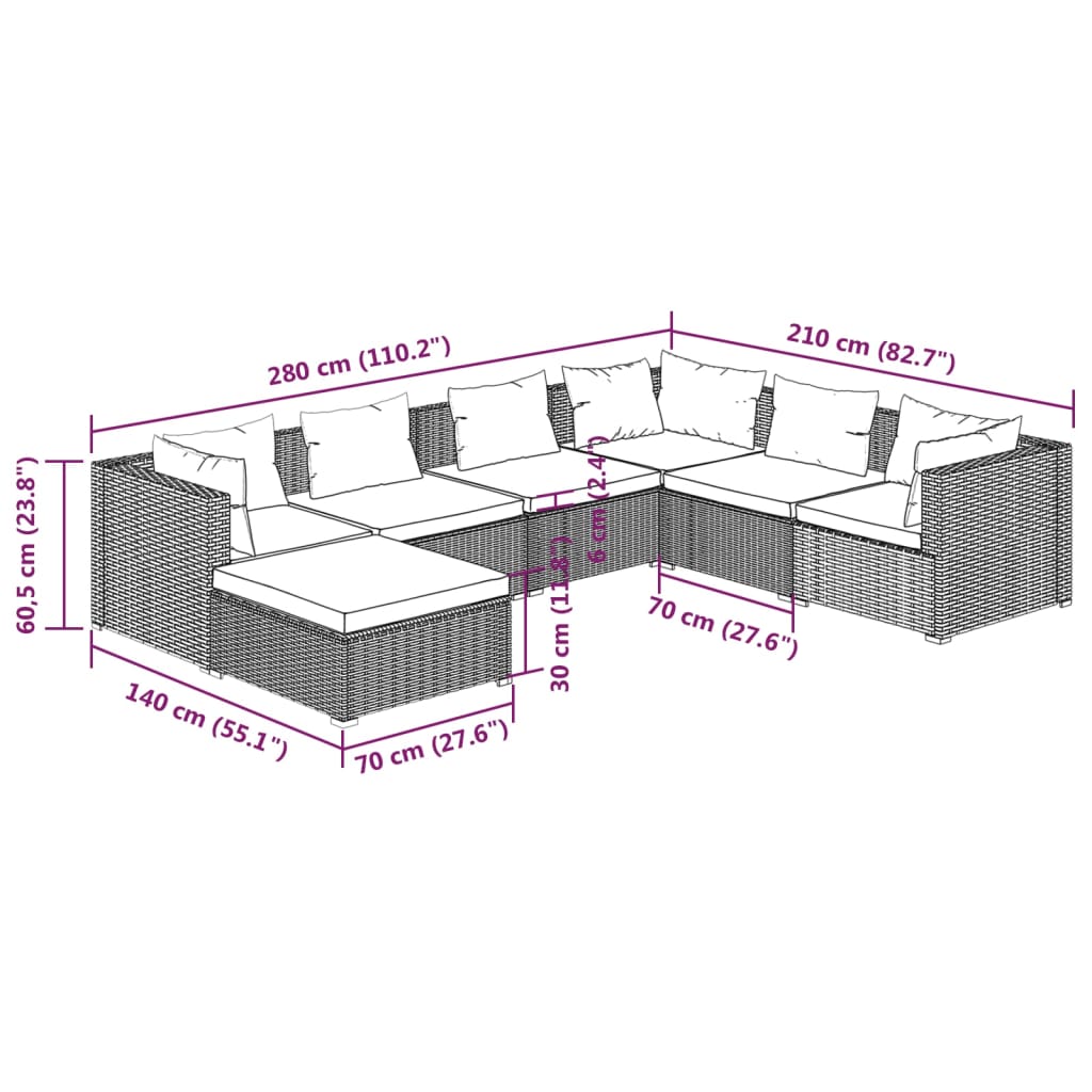 vidaXL 7 pcs conjunto lounge de jardim c/ almofadões vime PE cinzento