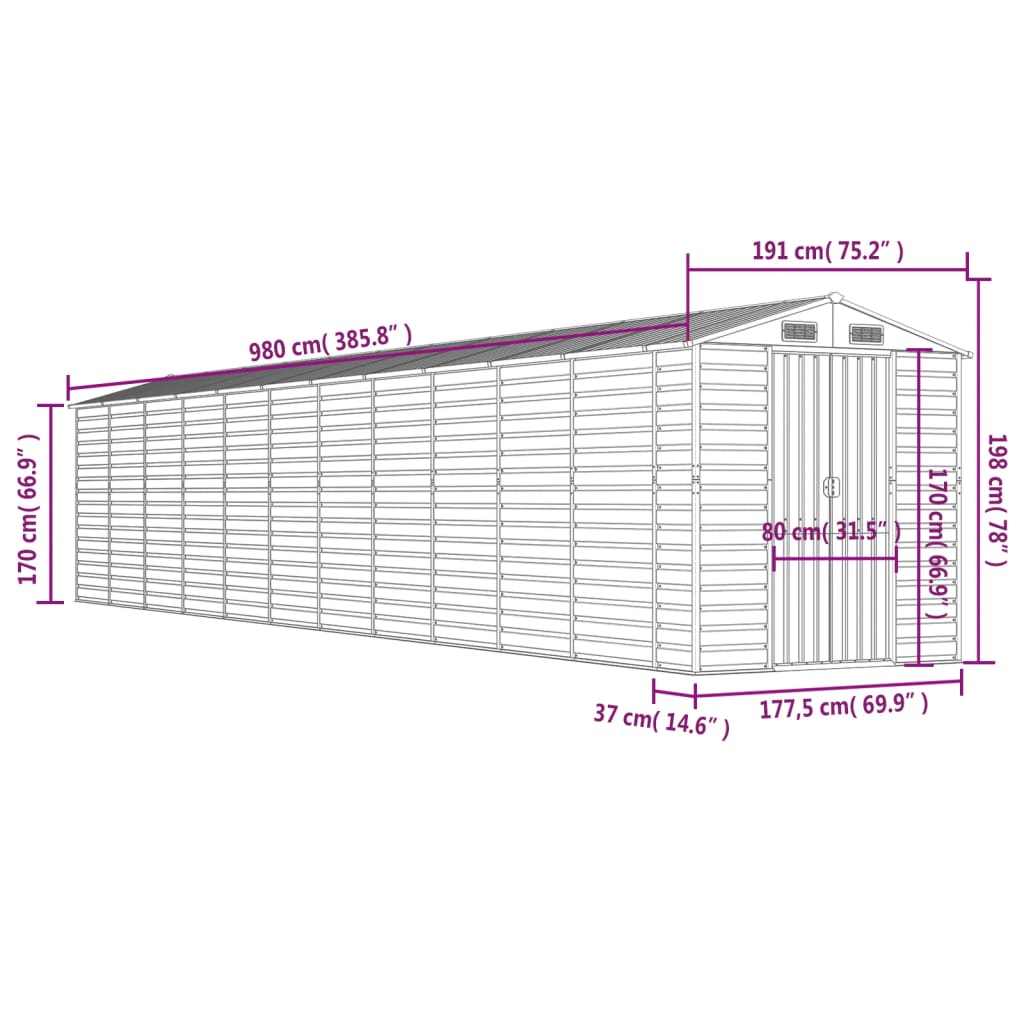 vidaXL Abrigo de jardim 191x980x198 cm aço galvanizado cinzento-claro