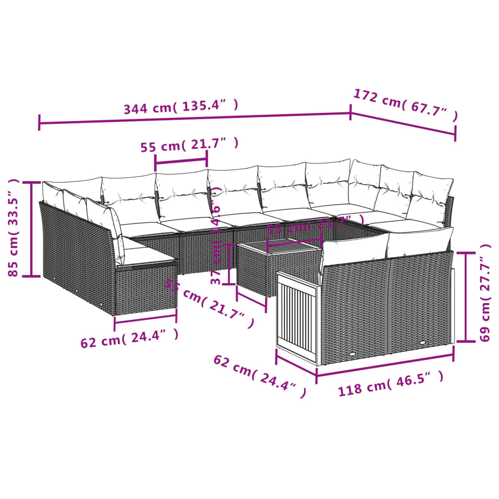 vidaXL 13 pcs conjunto de sofás p/ jardim com almofadões vime PE bege