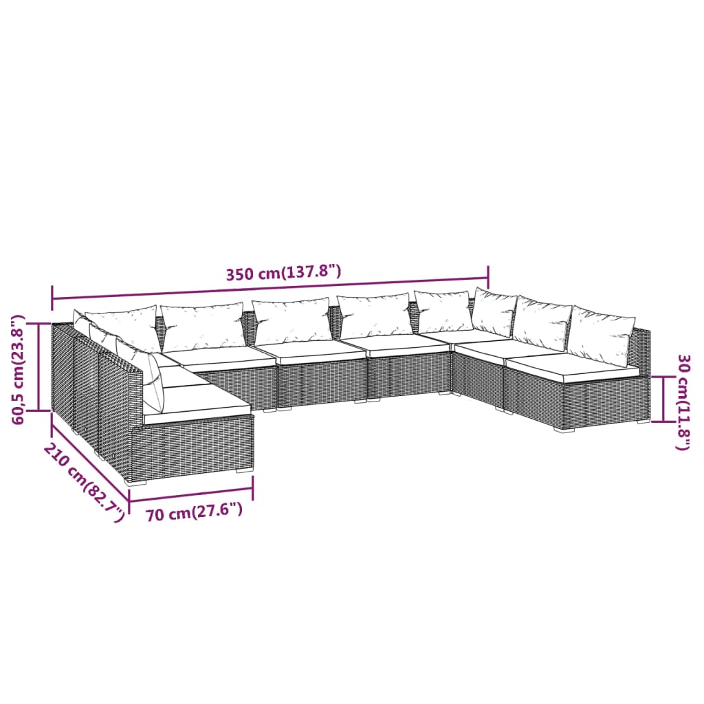 vidaXL 9 pcs conjunto lounge de jardim c/ almofadões vime PE castanho