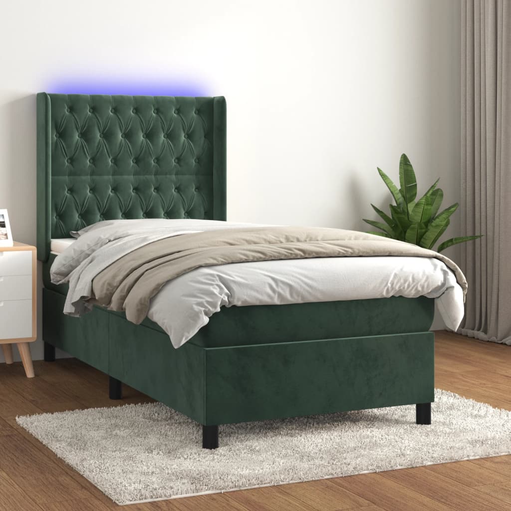 vidaXL Cama box spring c/ colchão/LED 90x200 cm veludo verde-escuro