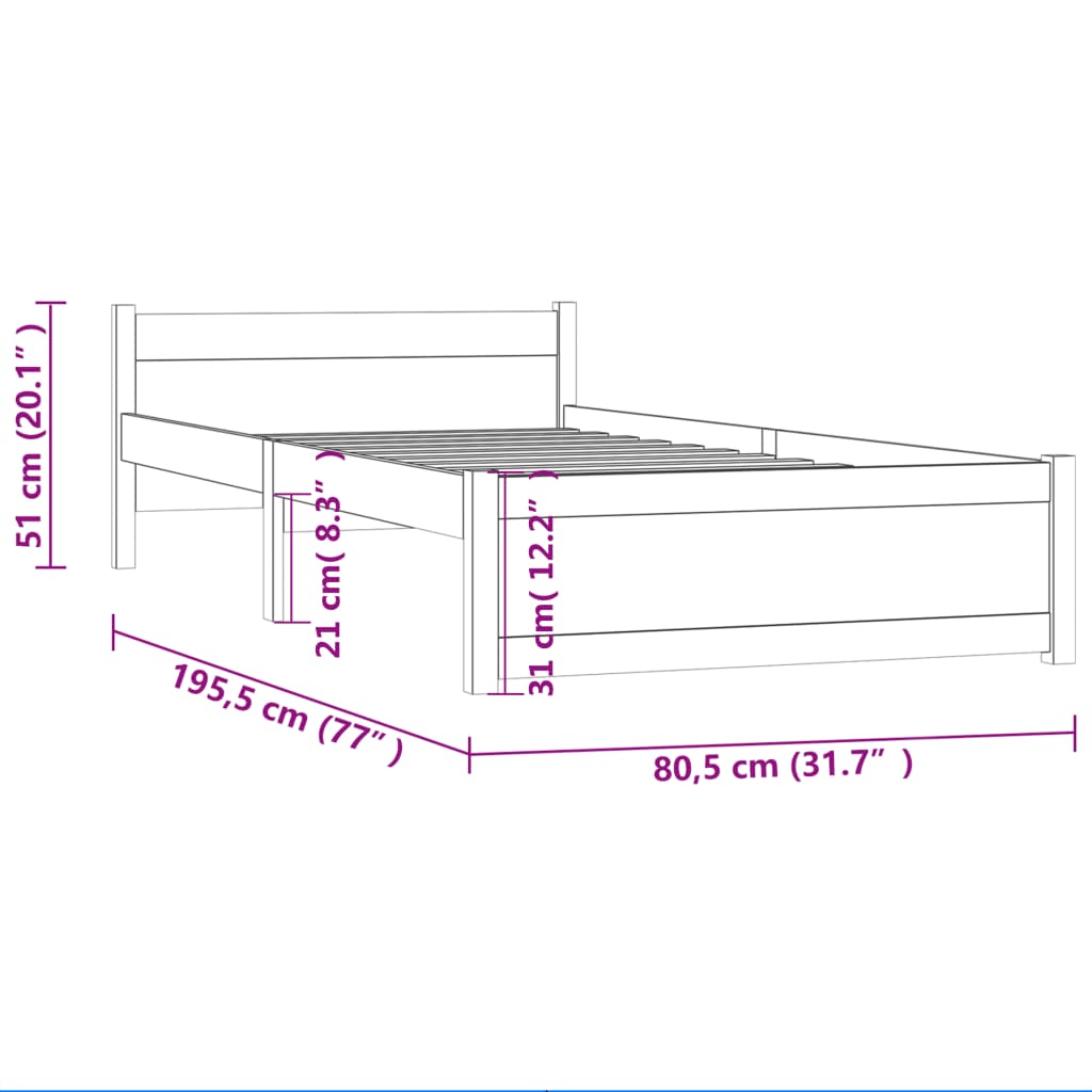 vidaXL Estrutura cama pequena solteiro 75x190 cm madeira maciça preto