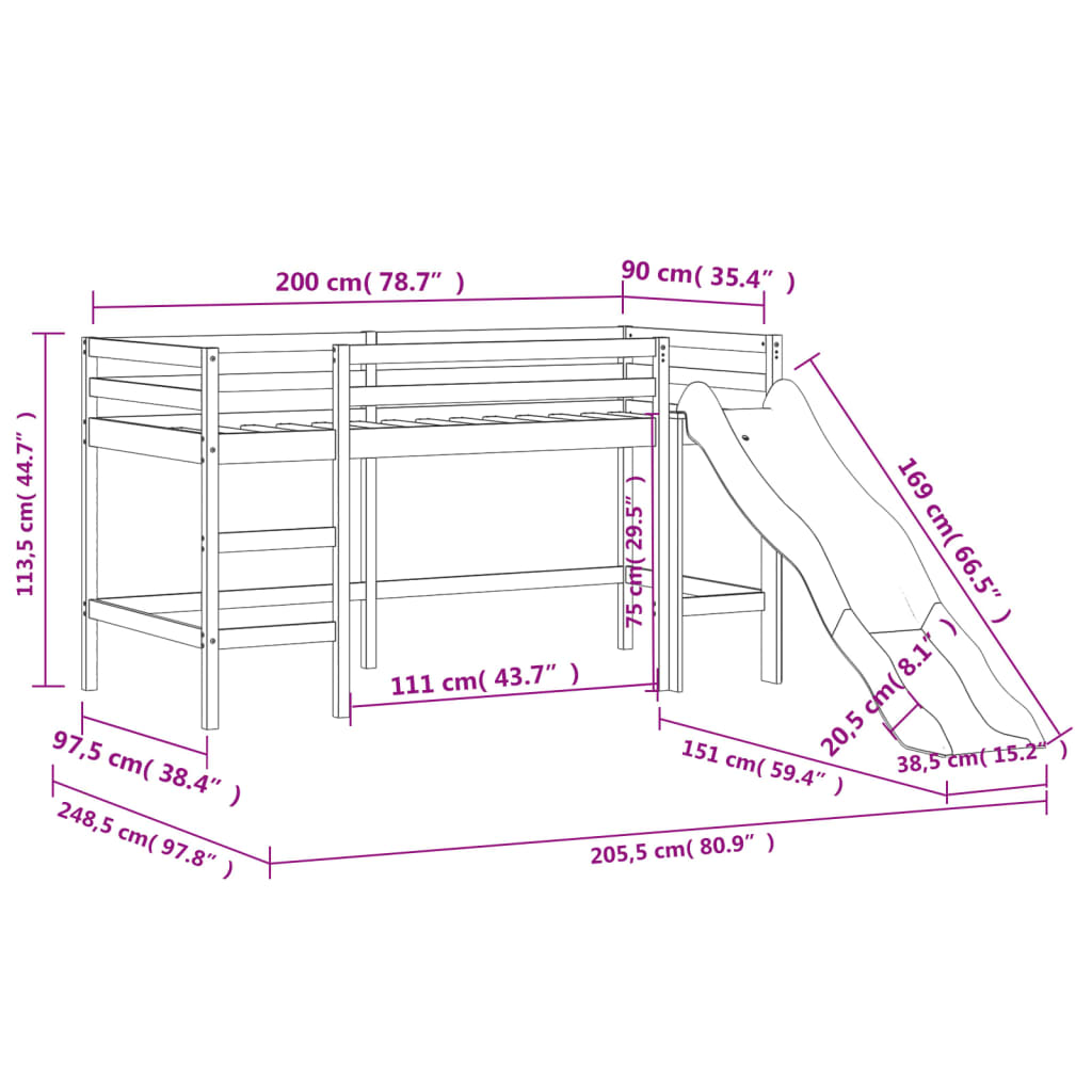 vidaXL Cama alta p/ criança c/ cortinas 90x200 cm pinho maciço azul