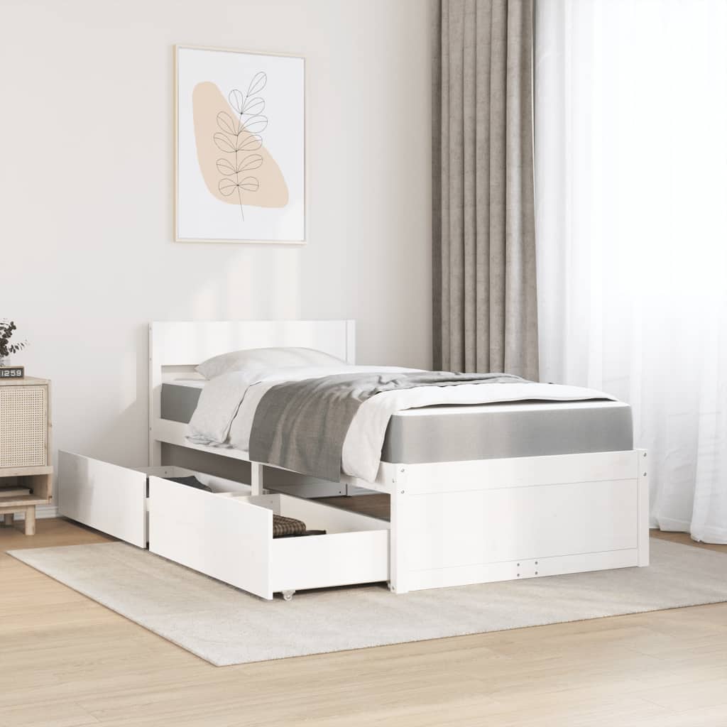 VidaXL Cama com gavetas e colchão 90x200 cm pinho maciço branco