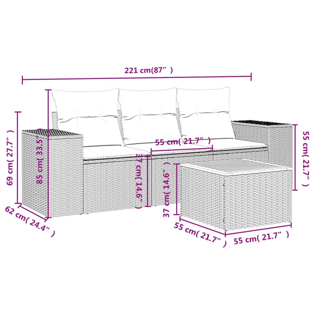 vidaXL 4 pcs conjunto de sofás para jardim c/ almofadões vime PE bege