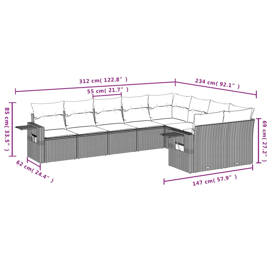 vidaXL 9 pcs conjunto de sofás p/ jardim c/ almofadões vime PE preto