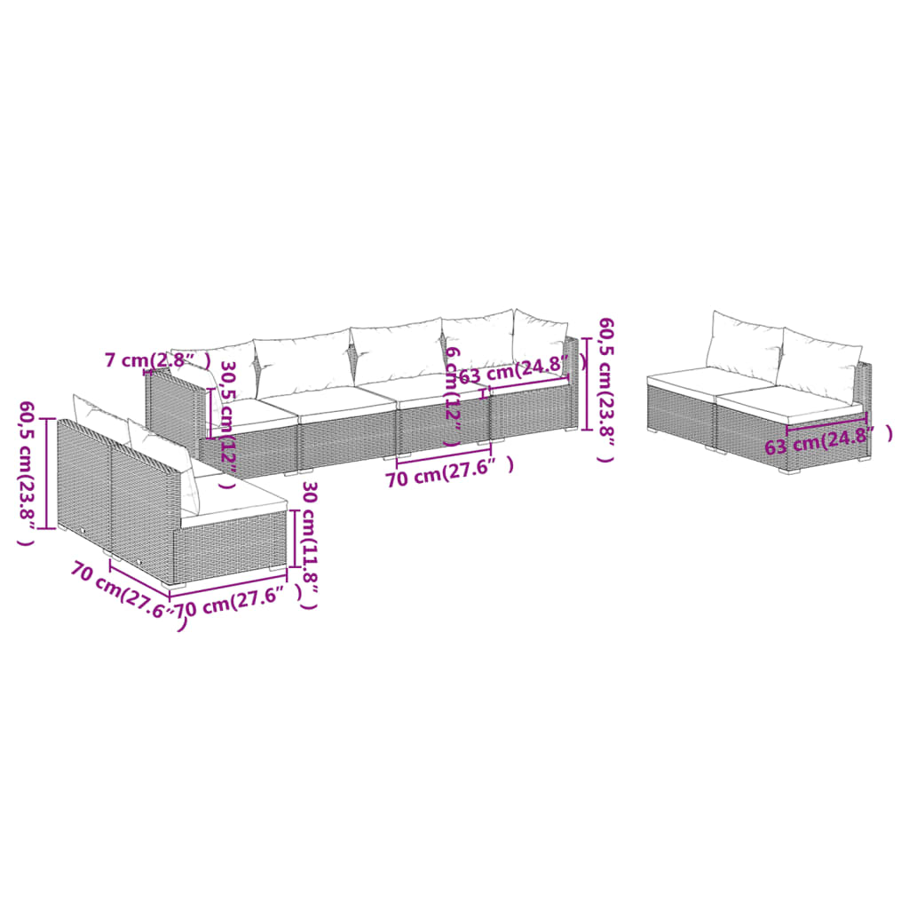 vidaXL 8 pcs conjunto lounge de jardim c/ almofadões vime PE preto