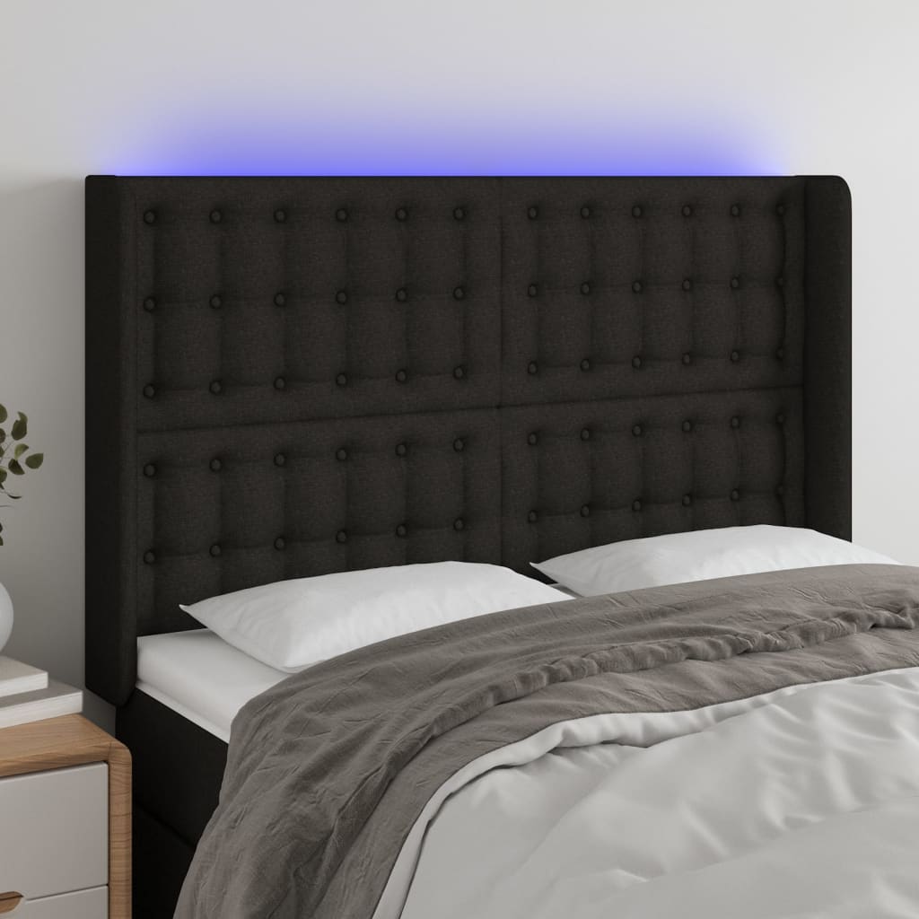 vidaXL Cabeceira de cama c/ luzes LED tecido 147x16x118/128 cm preto