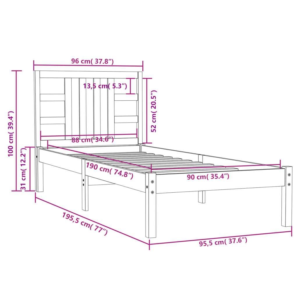 vidaXL Estrutura de cama solteiro 90x190 cm madeira maciça preto