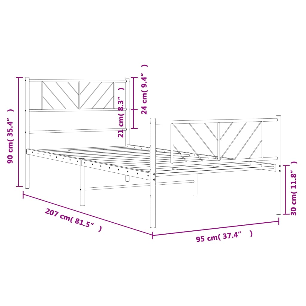 vidaXL Estrutura de cama com cabeceira e pés 90x200 cm metal branco