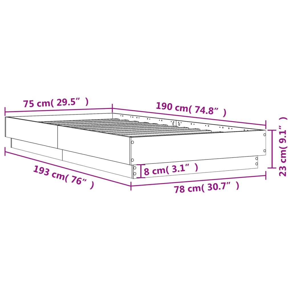 vidaXL Estrutura de cama 75x190 cm derivados de madeira cinza cimento