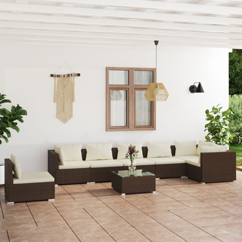 vidaXL 8 pcs conjunto lounge jardim c/ almofadões vime PE castanho