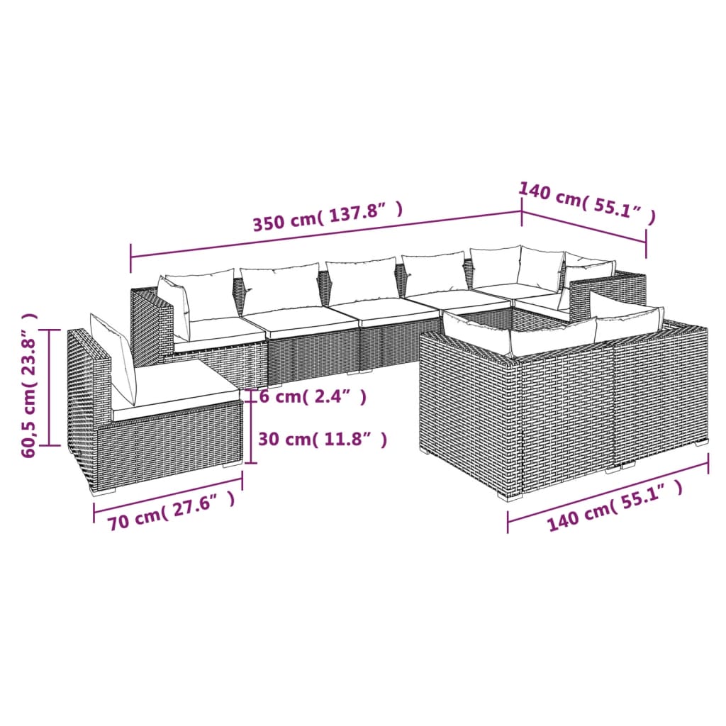 vidaXL 9 pcs conjunto lounge de jardim c/ almofadões vime PE cinzento