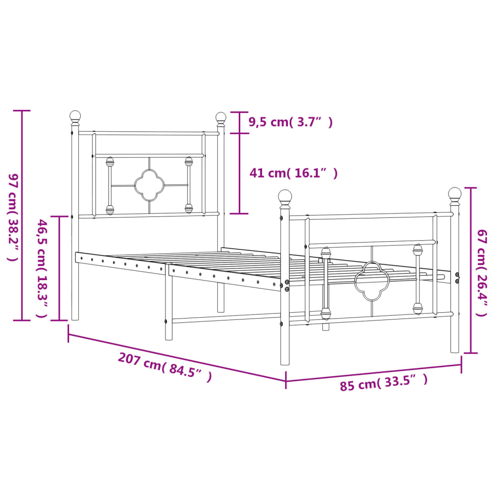 vidaXL Estrutura de cama com cabeceira e pés 80x200 cm metal preto