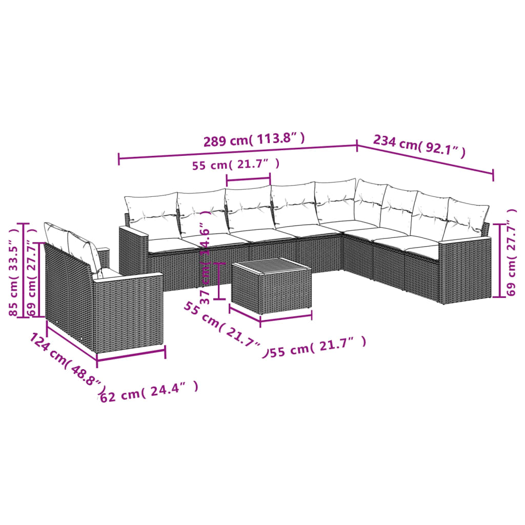 vidaXL 11 pcs conjunto sofás de jardim c/ almofadões vime PE preto