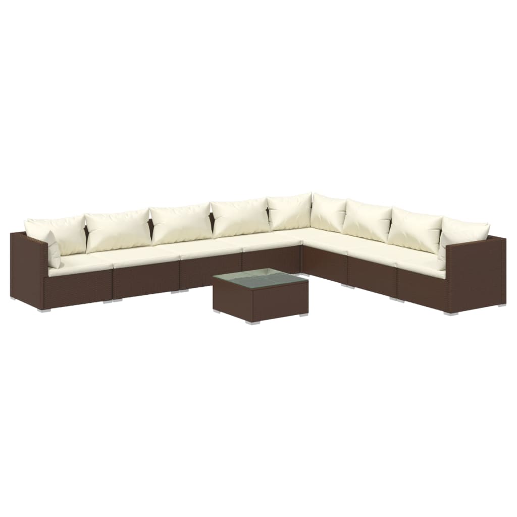 vidaXL 9 pcs conjunto lounge jardim c/ almofadões vime PE castanho