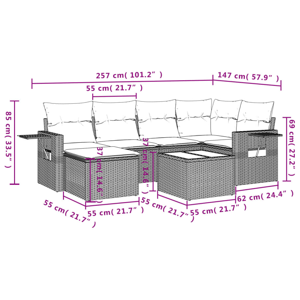 vidaXL 7 pcs conjunto de sofás p/ jardim com almofadões vime PE bege