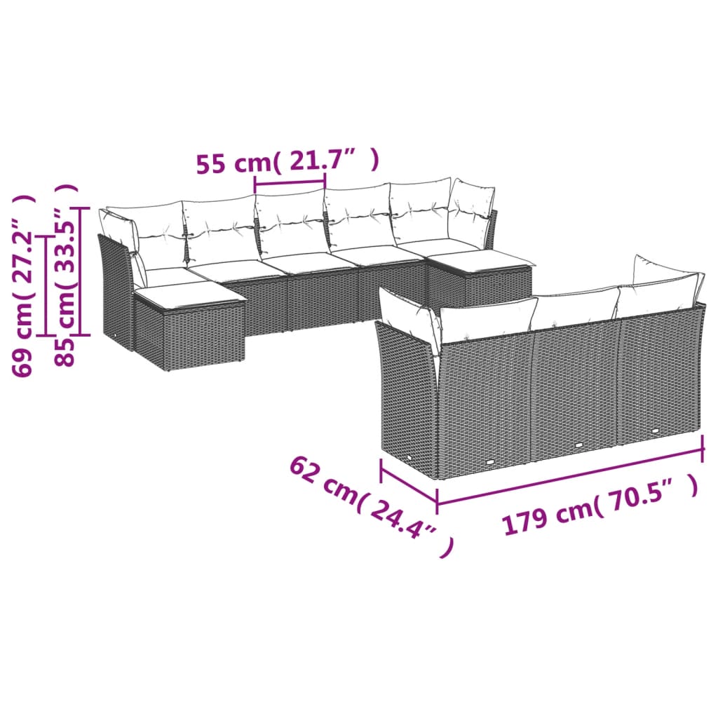 vidaXL 10 pcs conjunto sofás de jardim c/ almofadões vime PE preto