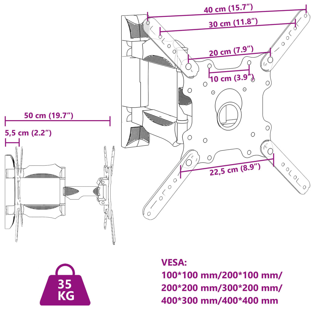 vidaXL Suporte de parede p/ TV ecrãs de 32-55" Max VESA 400x400mm 35kg