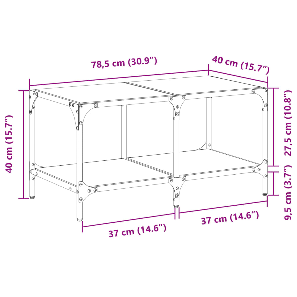 vidaXL Mesa de centro c/ topo em vidro transparente 78,5x40x40 cm aço