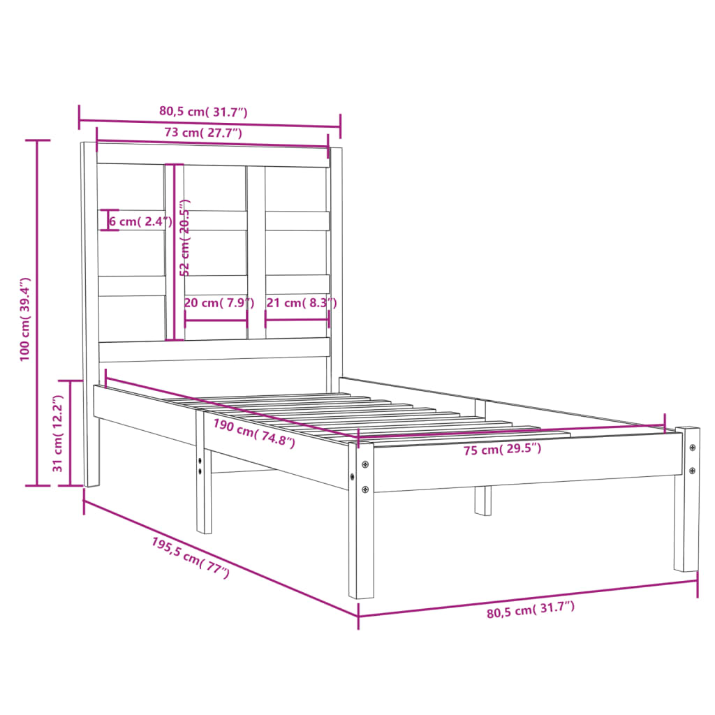 vidaXL Estrutura cama pequena solteiro 75x190 cm madeira maciça