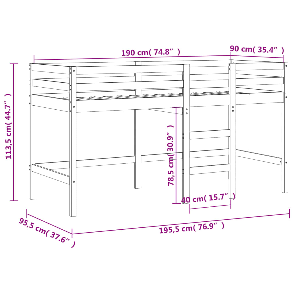 vidaXL Cama alta p/ criança c/ escada 90x190 cm pinho maciço branco