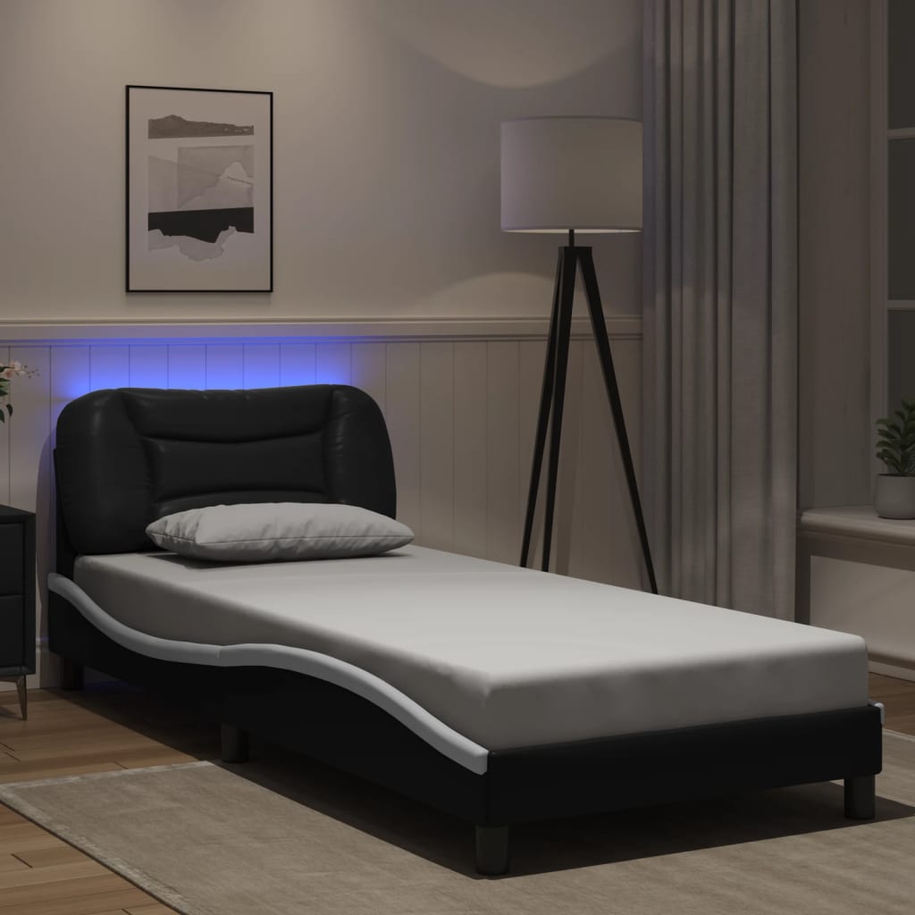 vidaXL Estrutura cama c/ luz LED 90x190 cm couro artif. preto/branco