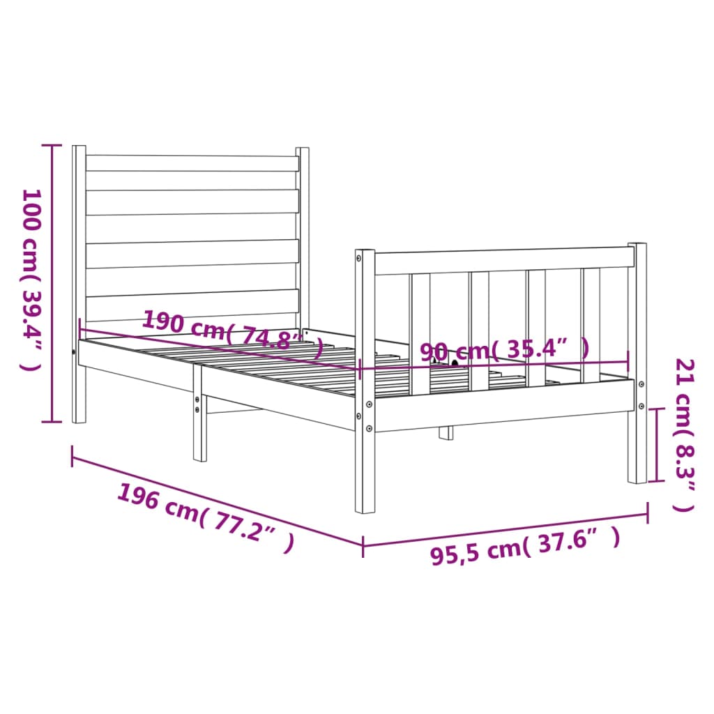 vidaXL Estrutura de cama com cabeceira 90x190 cm madeira maciça branco