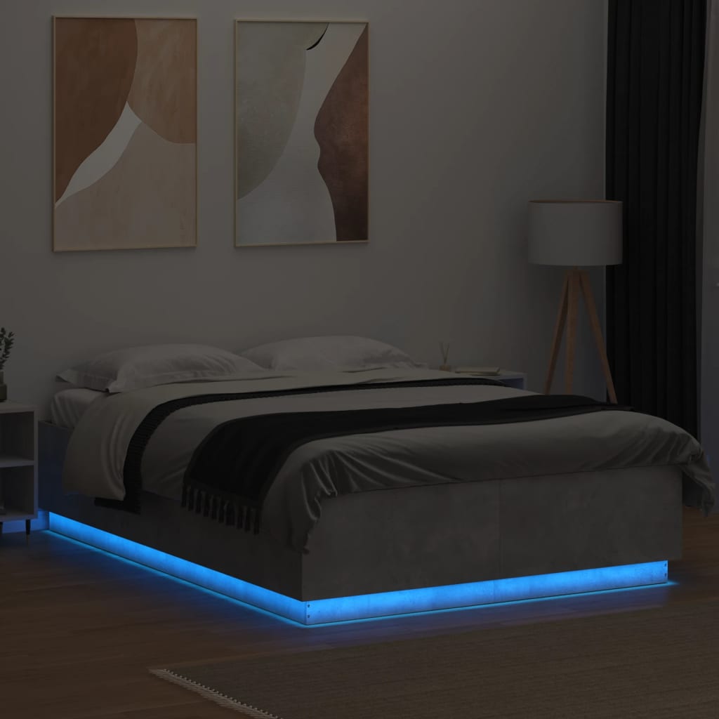 vidaXL Estrutura cama c/ luzes LED derivados de madeira cinza cimento