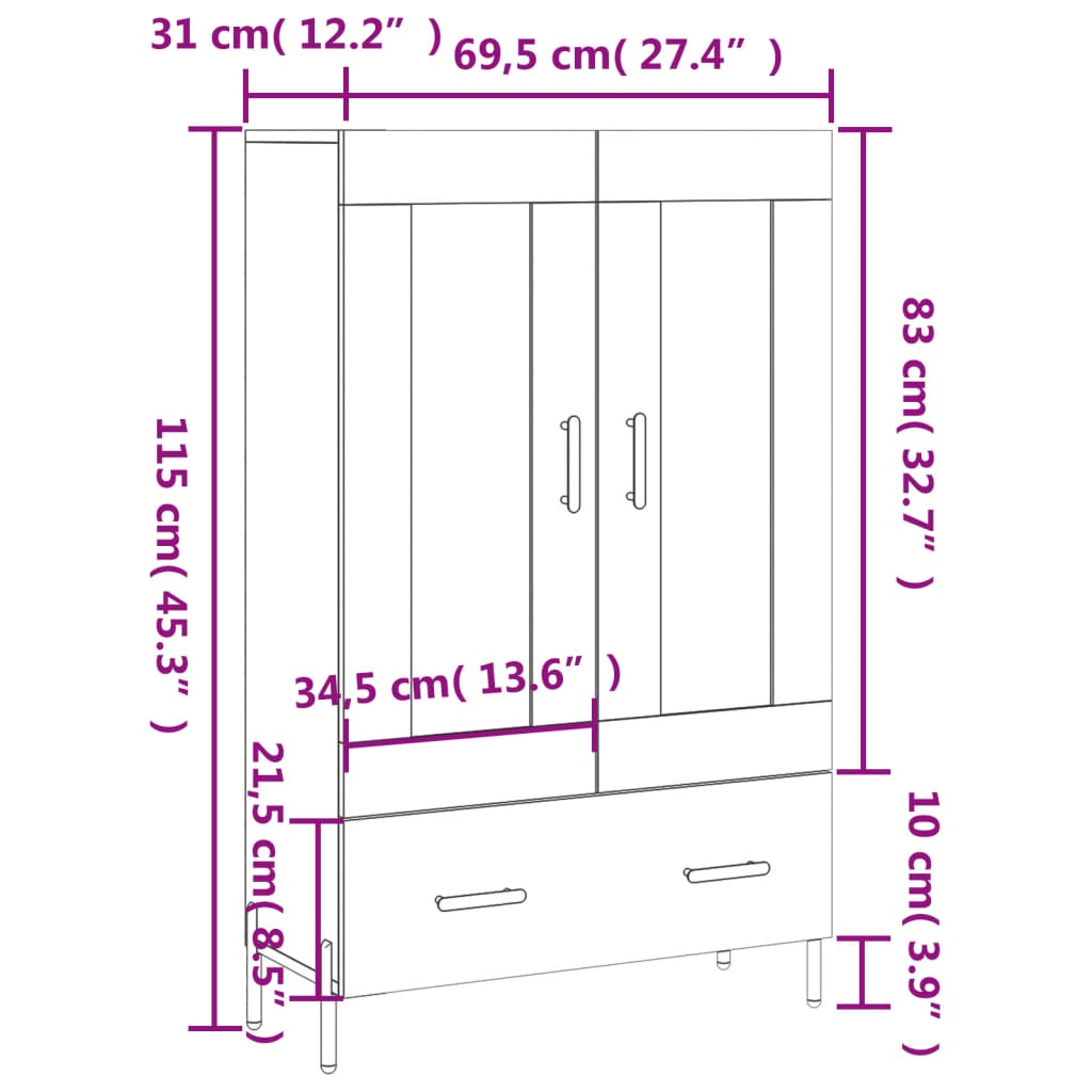 vidaXL Aparador alto 69,5x31x115 cm derivados madeira branco brilhante