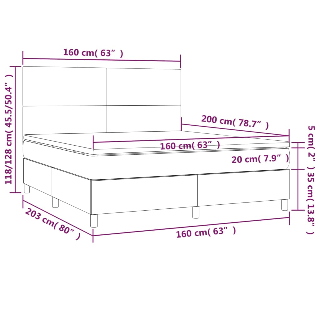 vidaXL Cama box spring c/colchão/LED 160x200cm couro artificial branco