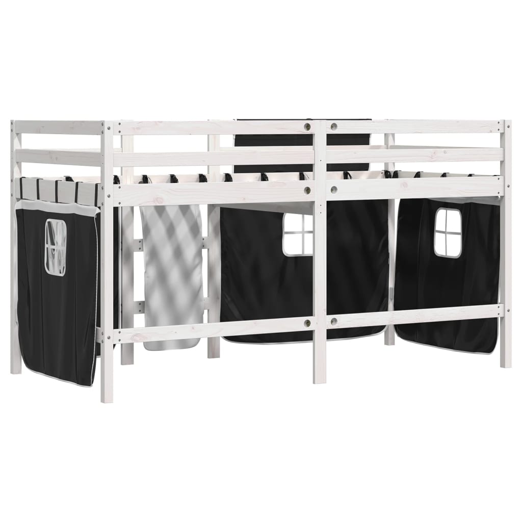 vidaXL Cama alta criança c/ cortina 80x200cm pinho maciço branco/preto