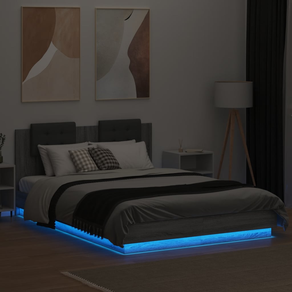 vidaXL Estrutura de cama c/ cabeceira/luzes LED 140x200cm cinza sonoma