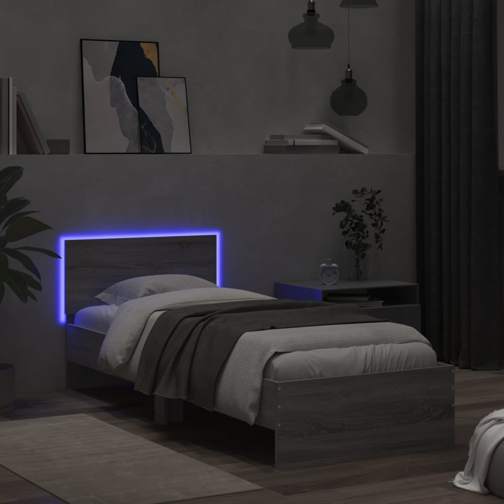 vidaXL Estrutura de cama c/ cabeceira/luzes LED 75x190 cm cinza sonoma