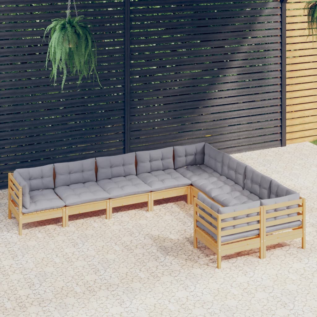 vidaXL 9 pcs conjunto lounge de jardim c/ almofadões cinzentos pinho