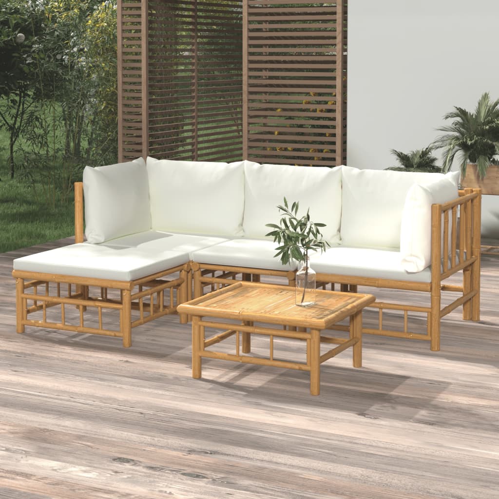 vidaXL 5 pcs conjunto lounge de jardim bambu c/ almofadões branco nata