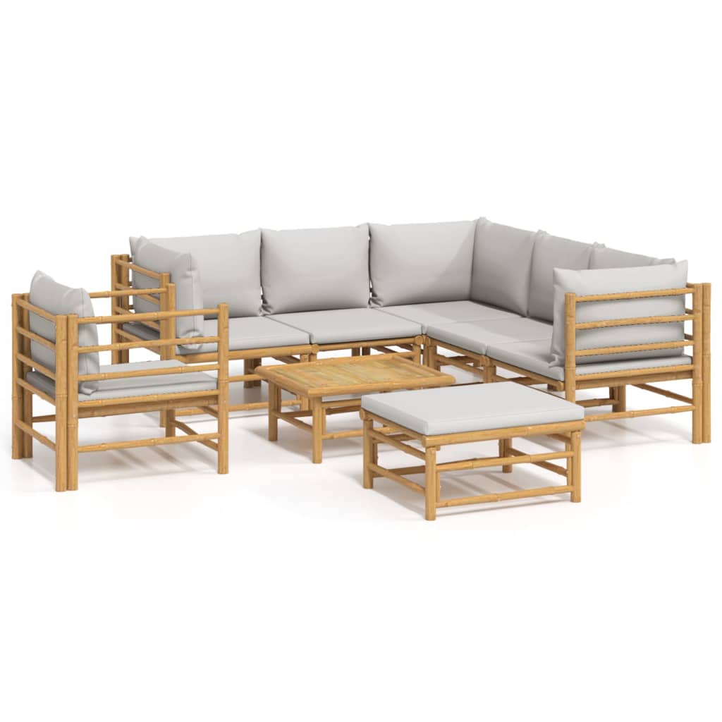 vidaXL 8 pcs conj. lounge de jardim bambu c/ almofadões cinzento-claro