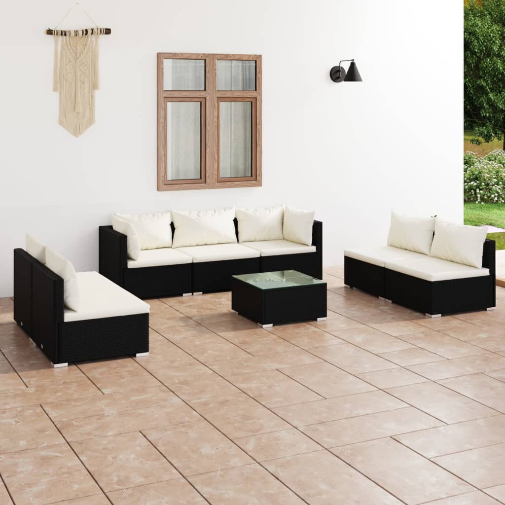 vidaXL 8 pcs conjunto lounge de jardim c/ almofadões vime PE preto