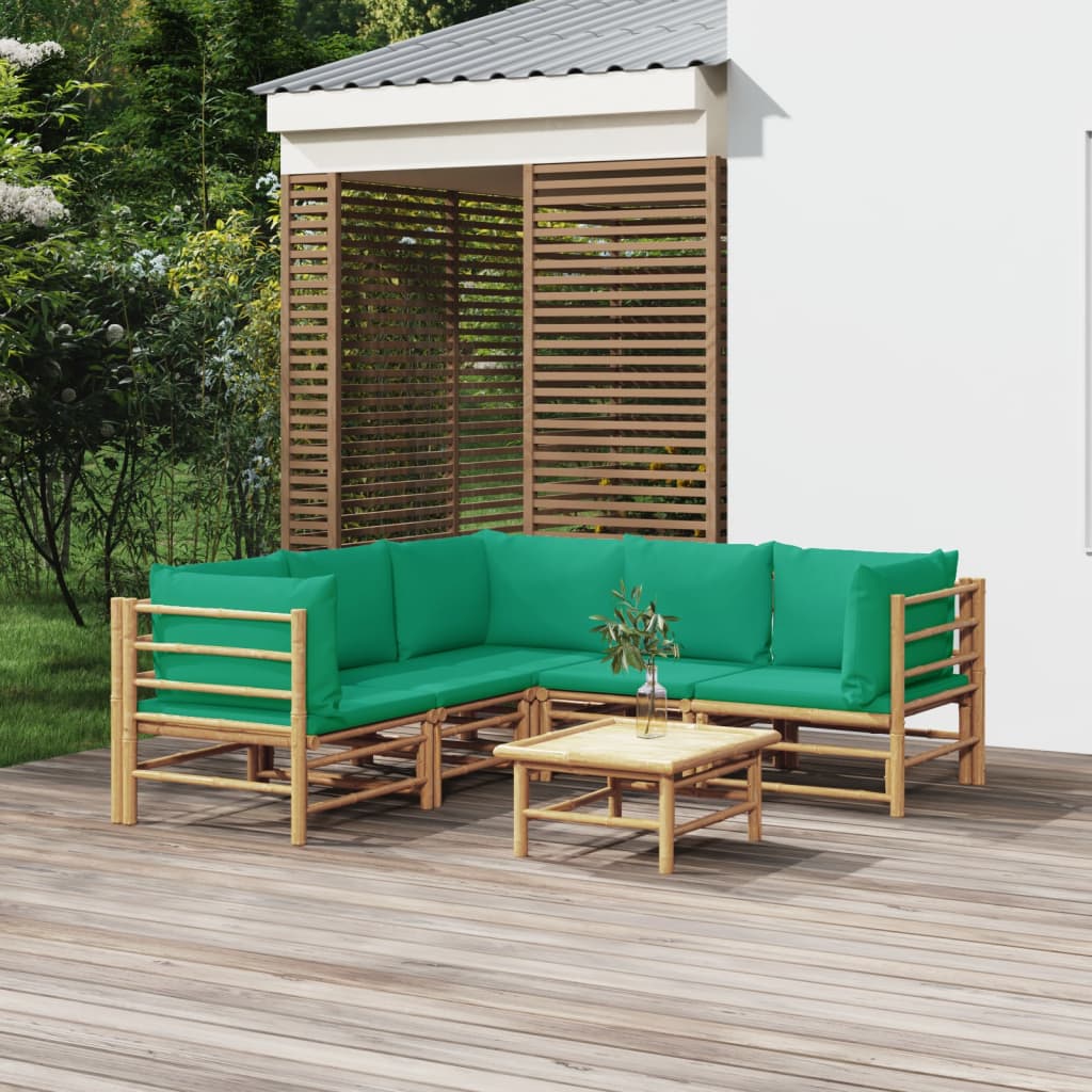 vidaXL 6 pcs conjunto lounge de jardim bambu c/ almofadões verdes