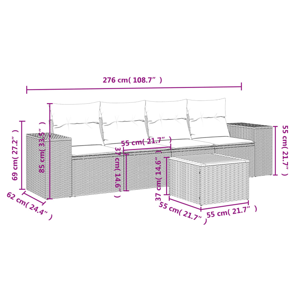 vidaXL 5 pcs conjunto de sofás p/ jardim com almofadões vime PE bege