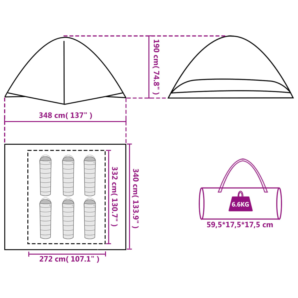 vidaXL Tenda de campismo cúpula p/ 6 pessoas impermeável laranja