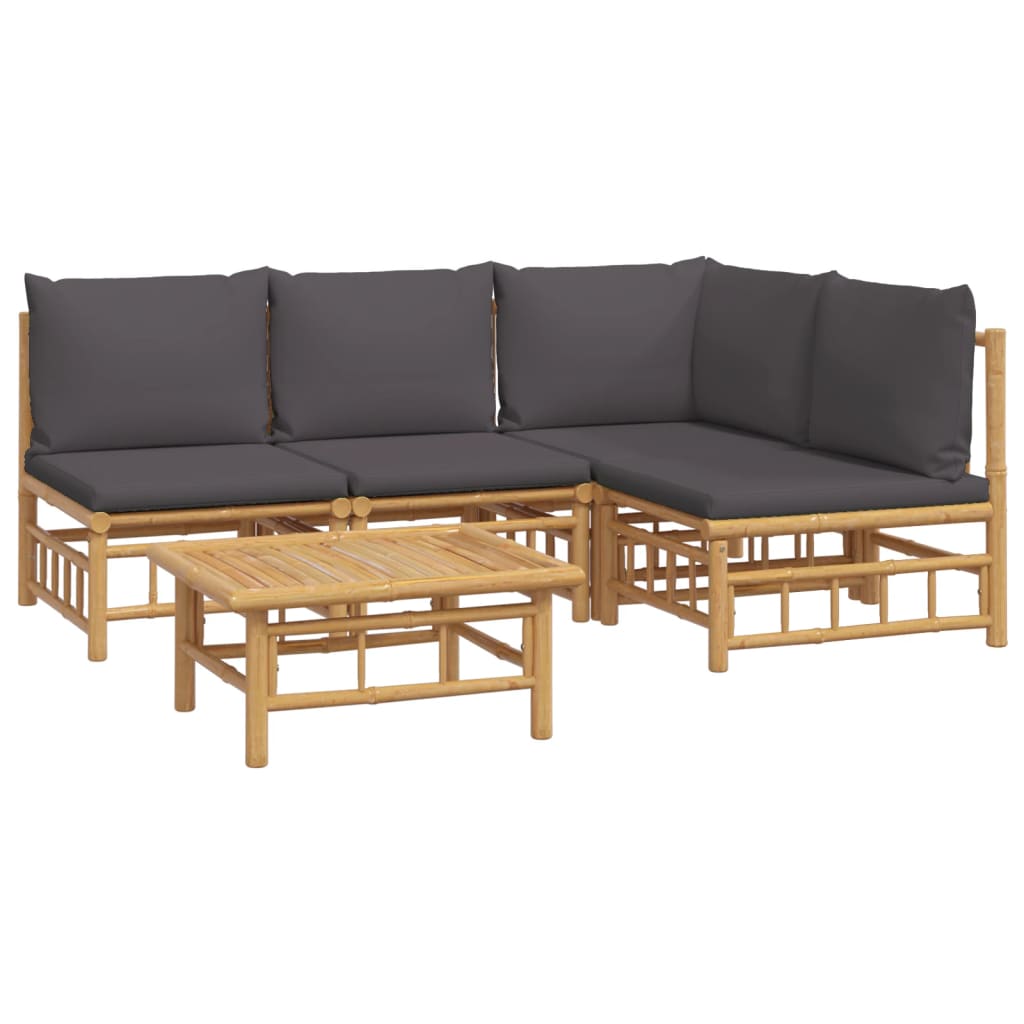 vidaXL 5 pcs conjunto lounge jardim bambu c/ almofadões cinza-escuro