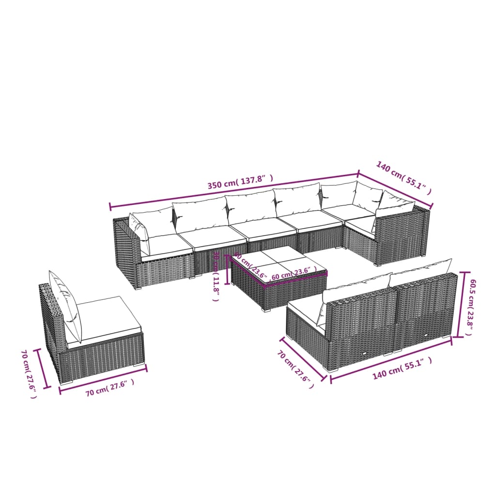 vidaXL 10 pcs conjunto lounge de jardim c/ almofadões vime PE preto