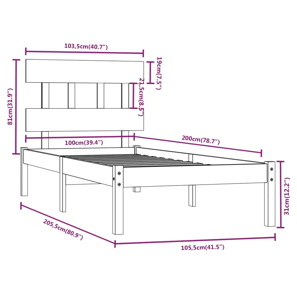 vidaXL Estrutura de cama 100x200 cm madeira maciço