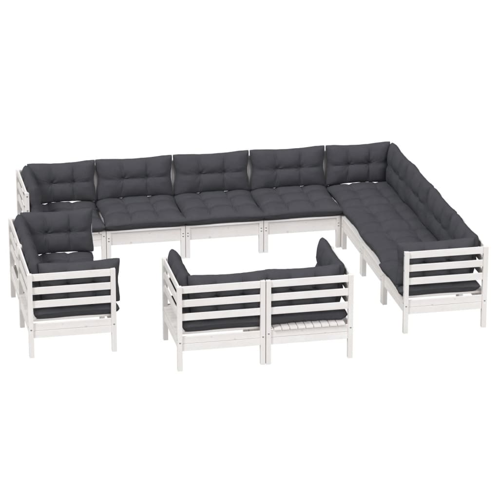 vidaXL 12 pcs conj. lounge de jardim c/ almofadões pinho maciço branco